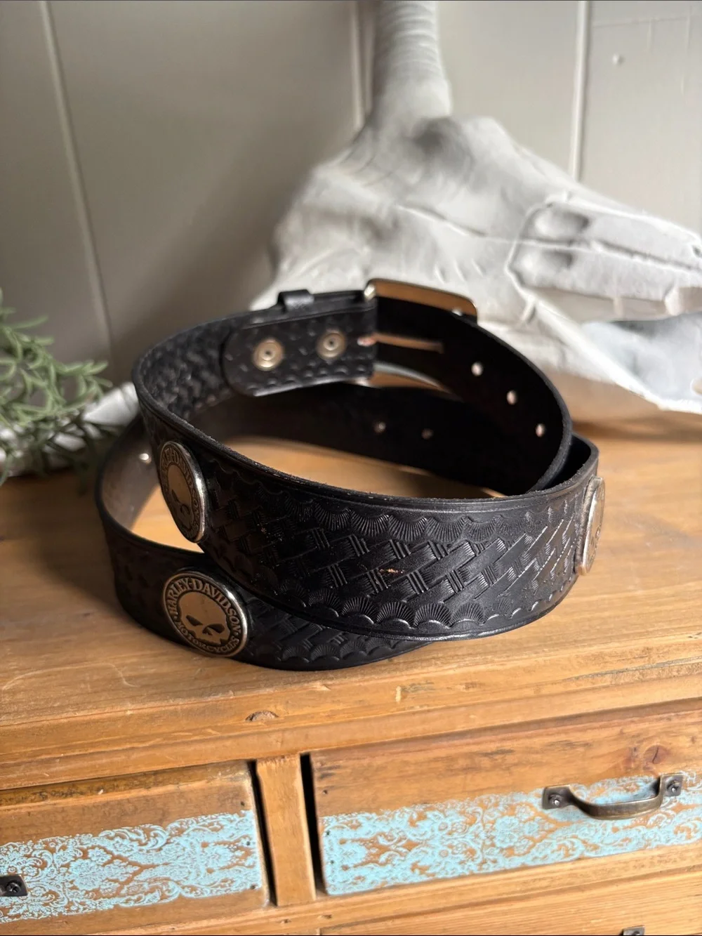 Harley-Davidson Black Leather Belt with Skull Medallion